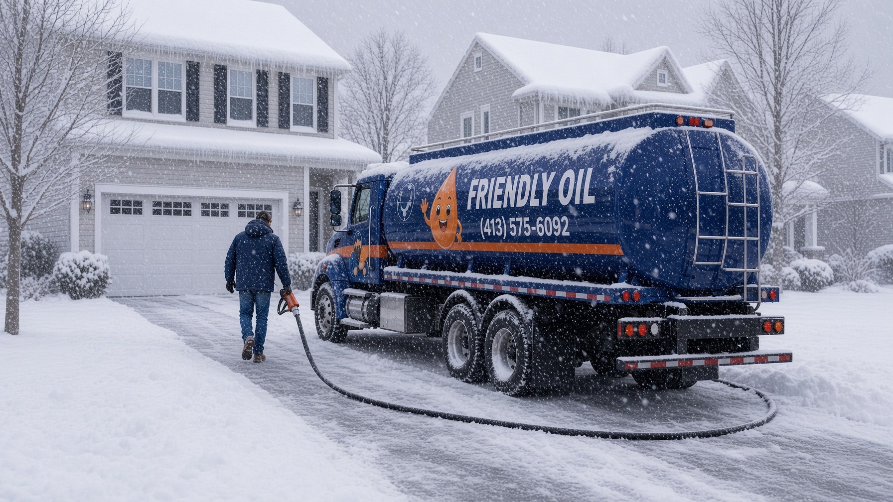 Friendly Oil filling a tank in a driveway